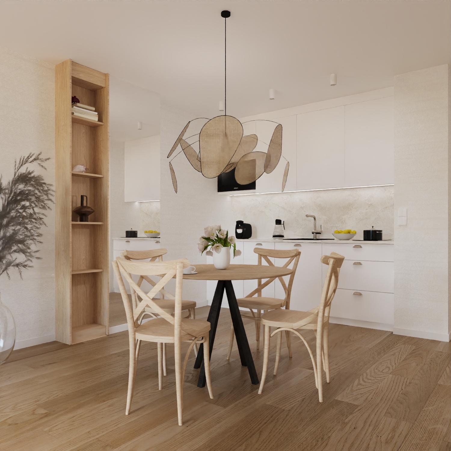 wnętrze apartamentu - stolik z krzesłami i kuchnia