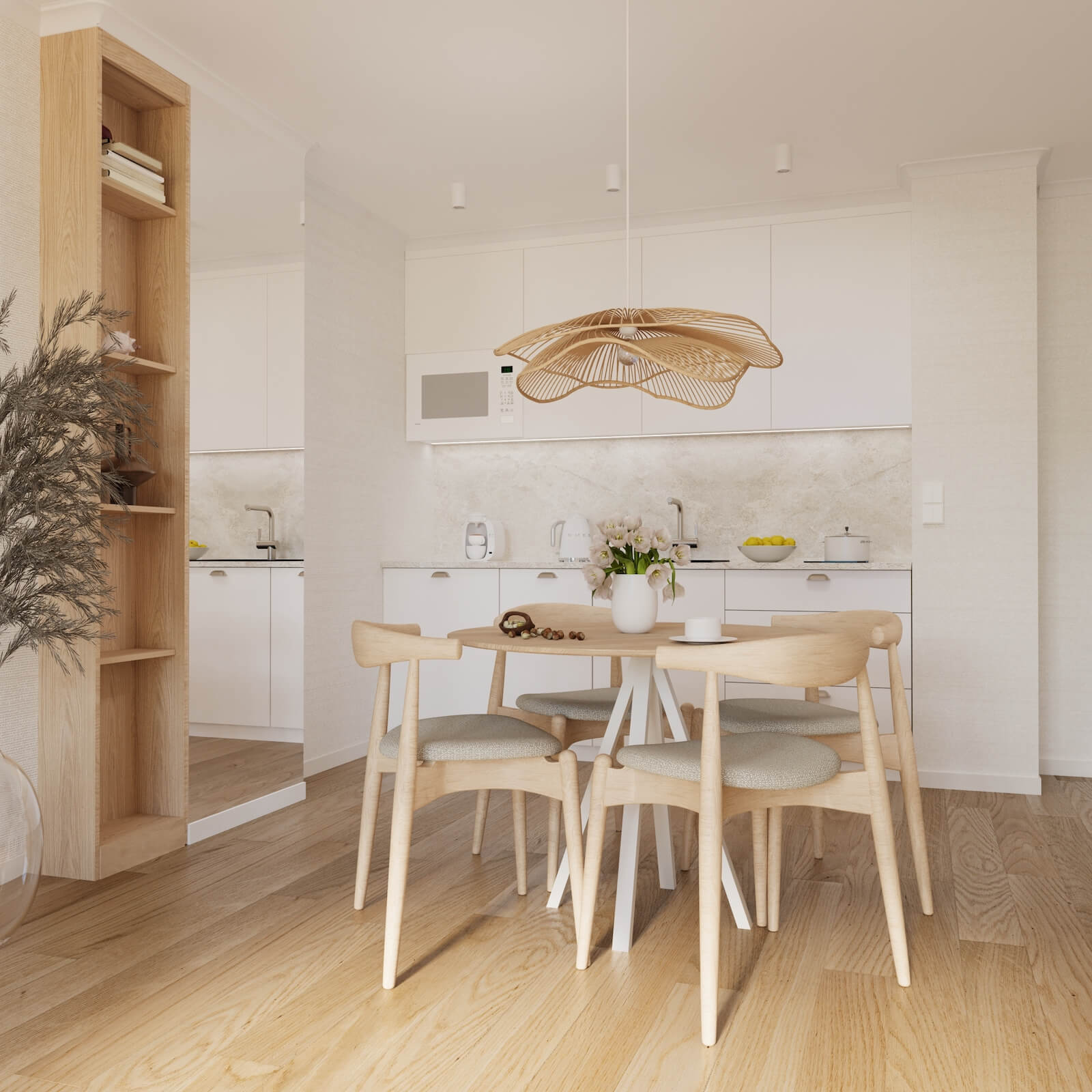 wnętrze apartamentu - stolik z krzesłami i kuchnia
