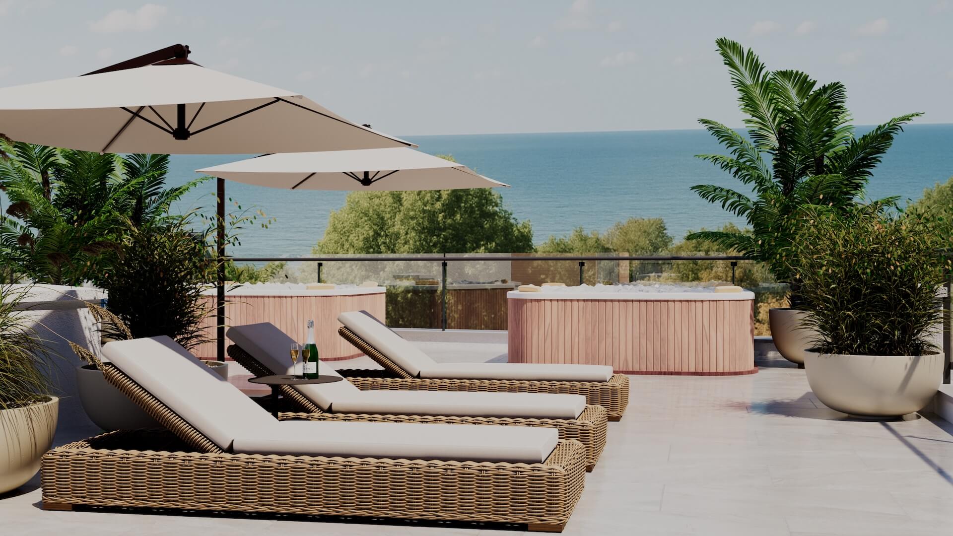 leżaki z parasolkami na dachu apartamentowca